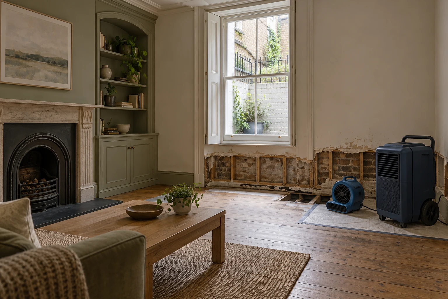 Illustrative room with locally exposed water-affected fabric and professional drying equipment in a British stock-brick period terrace