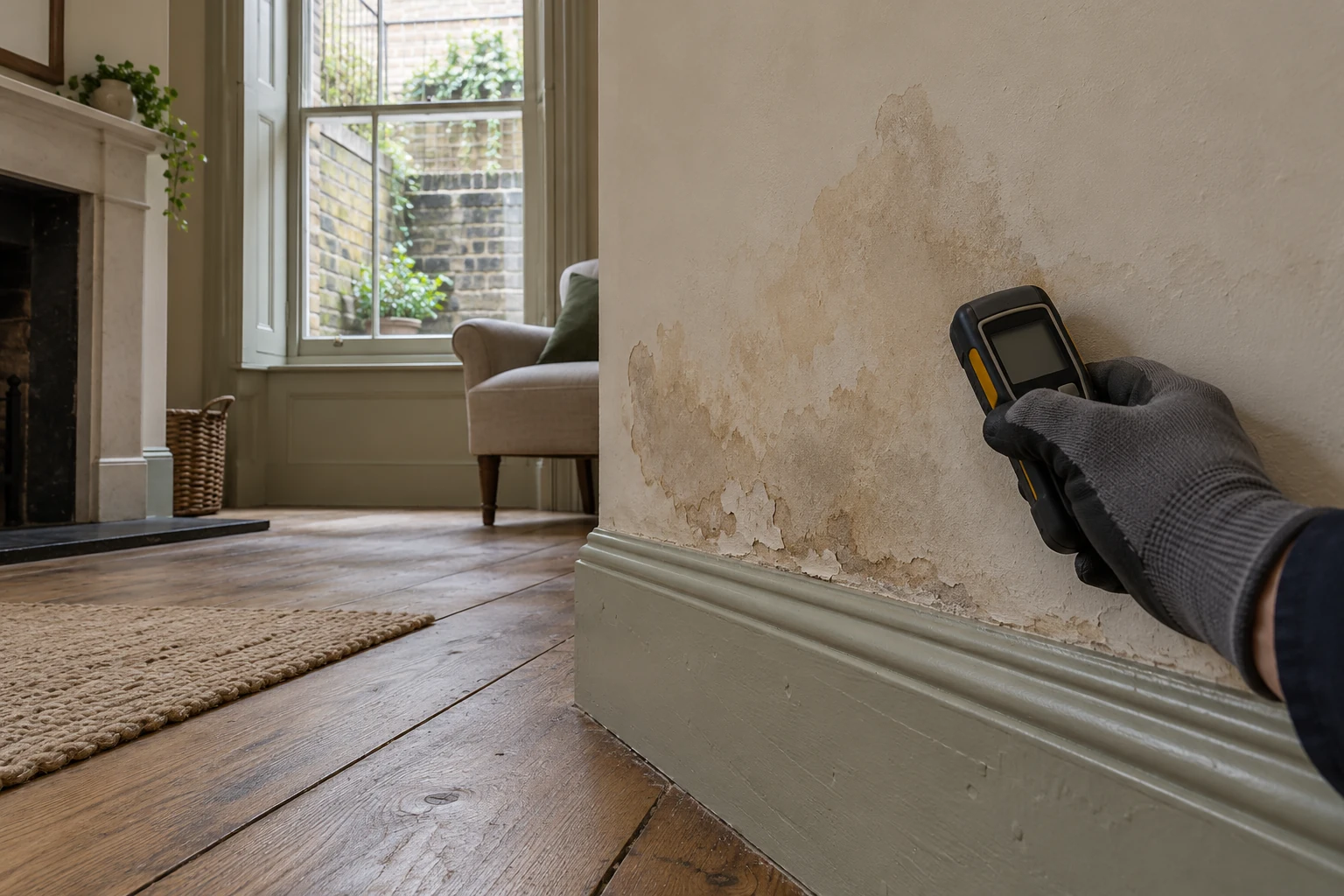 Illustrative moisture check at a stained wall beside retained skirting in a British stock-brick period terrace