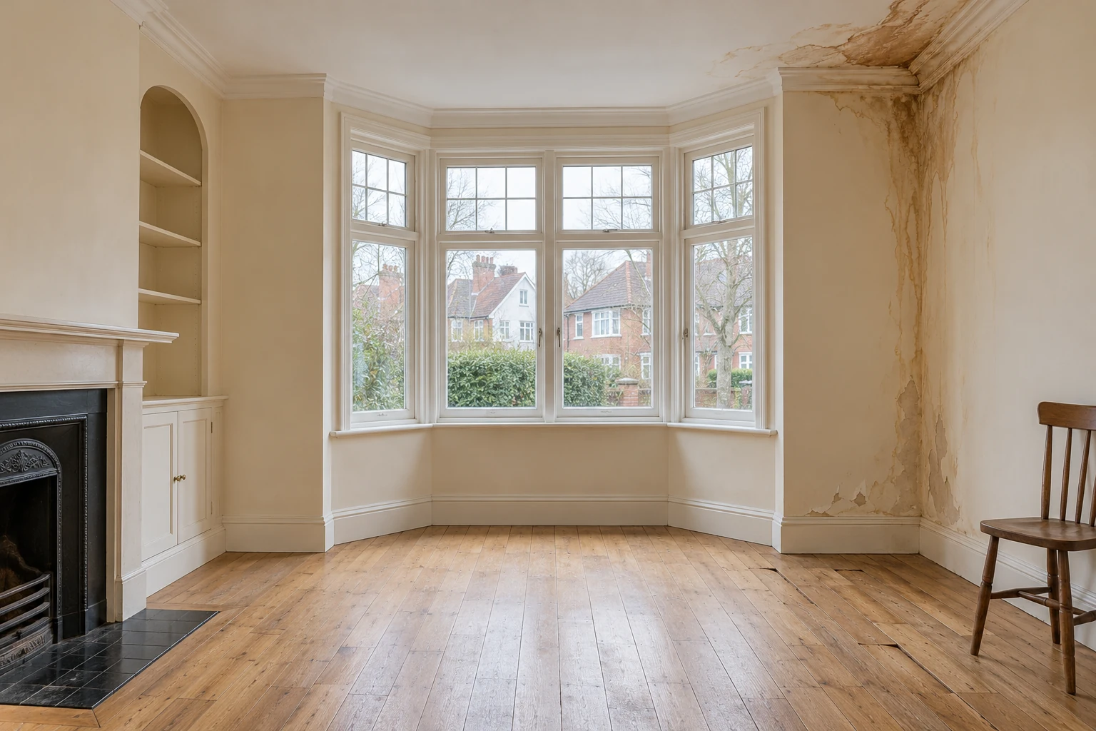 Illustrative room with local ceiling and wall water damage before repairs in a British 1930s semi-detached home