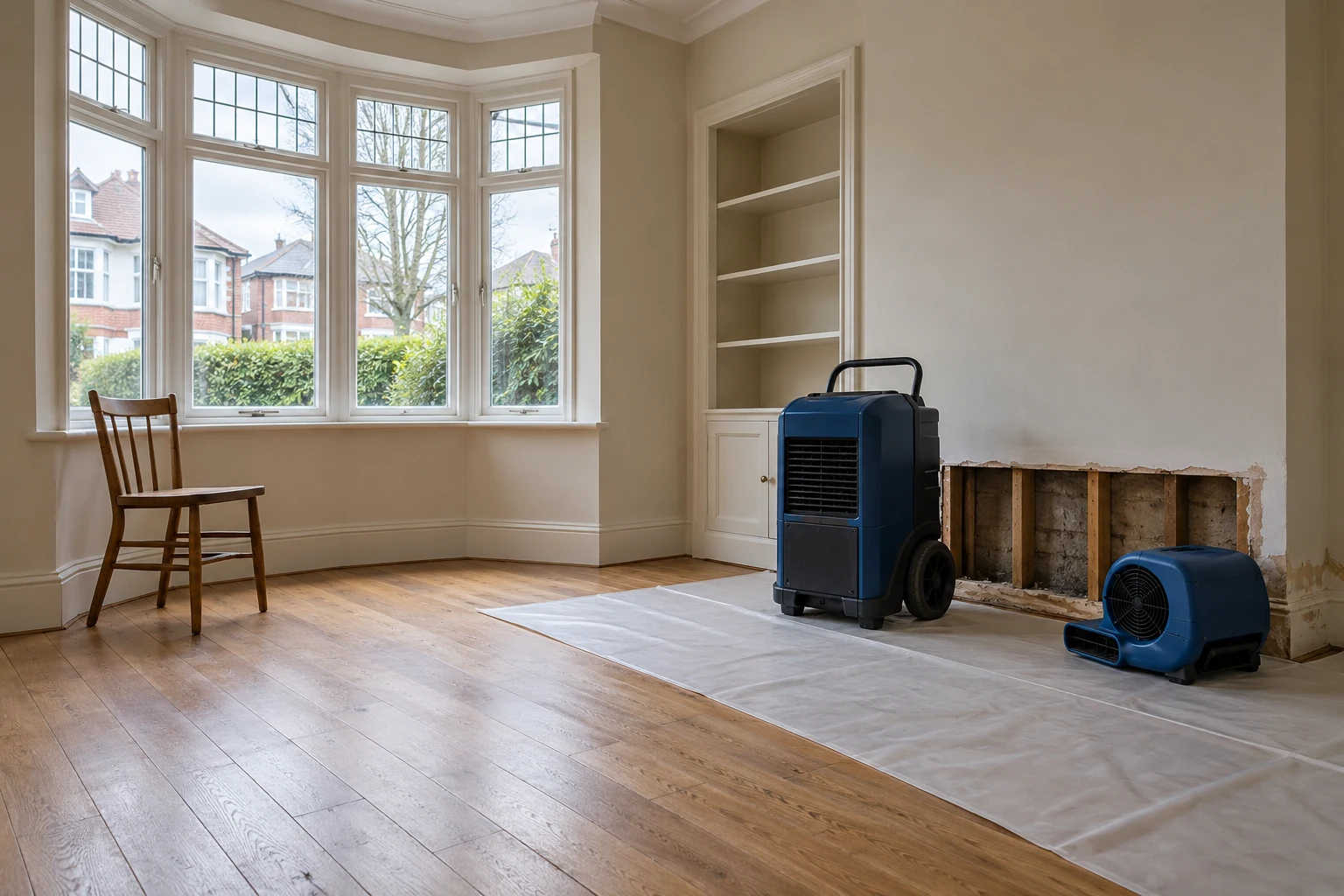Illustrative dehumidifier and air mover in a dry work zone beside an opened wall in a British 1930s semi-detached home