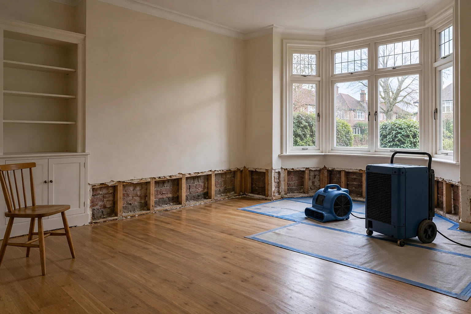 Illustrative room with locally exposed water-affected fabric and professional drying equipment in a British 1930s semi-detached home