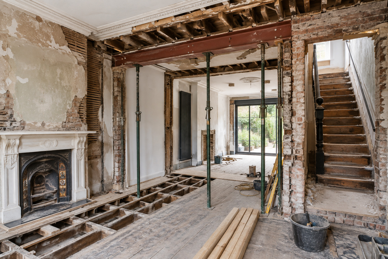 Period interior with exposed ceiling and wall structure during renovation