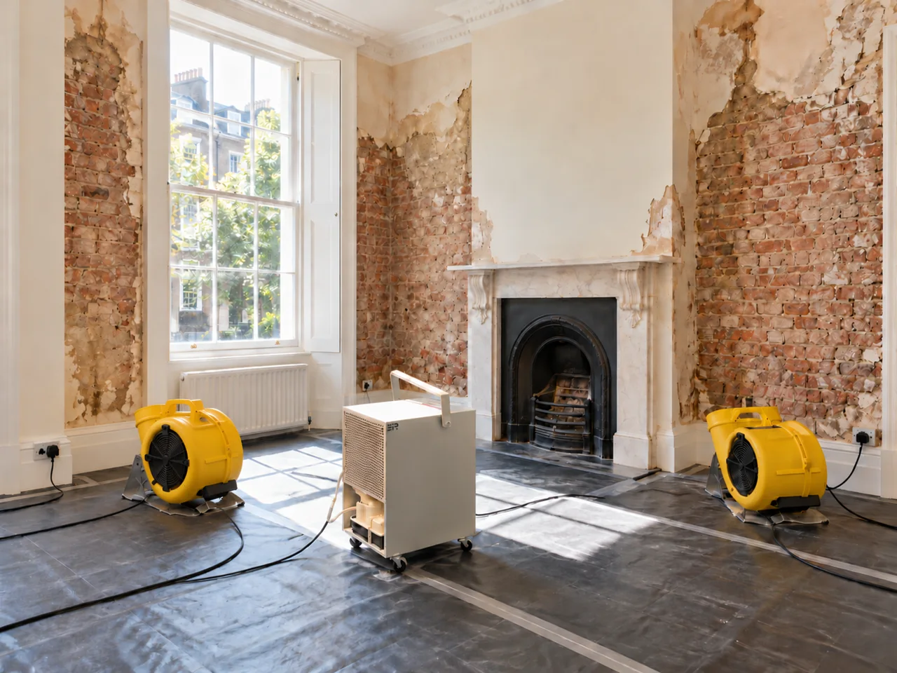 Illustration of yellow air movers and a dehumidifier drying exposed masonry walls
